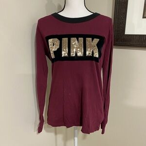 *VS PINK* Burgundy Gold Sequin Logo Long Sleeve Size Small